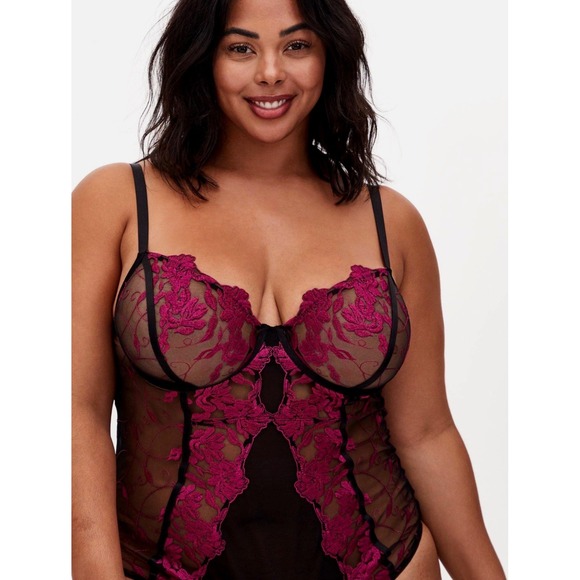 Torrid Curve Tops - Torrid Curve Black Mesh Magenta Pink Floral Embroidered Bodysuit Underwire Sz 2